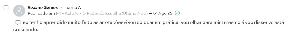 Captura do comentário de Rozane Gomes na área de membros